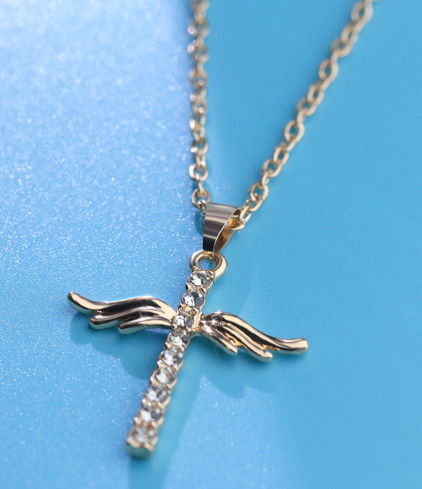 Angel Wings Cross Pendant Necklace For Woman With O Type Stainless Steel Chain Necklace Jewelry Gift