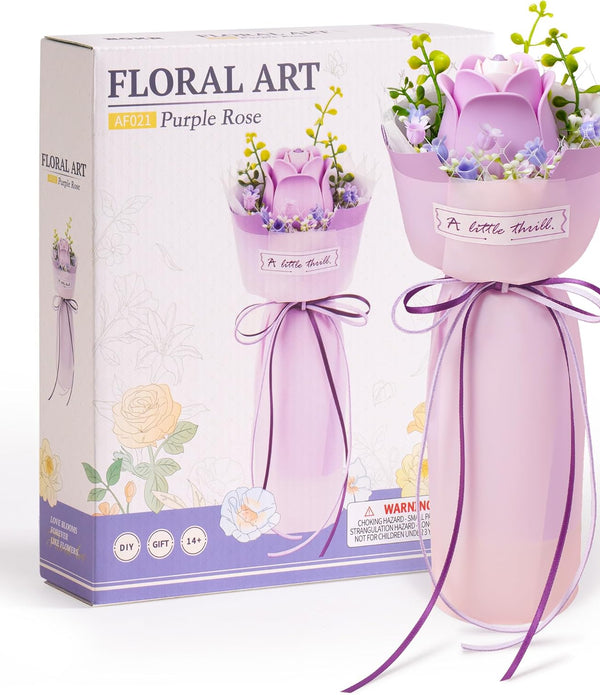 ROBOTIME Flower 3D Puzzle Model Kits Puzzles For Adults To Build Artificial Flowers For Home Bedroom Living Room Decor, Gifts For Women Valentine, Purple Rose